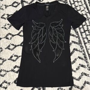 Platinum Plush - Black v-neck T with Double sided Rhinestone Cutout Wing Design